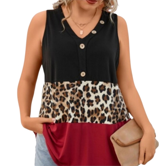SHEIN sleeveless top size 2X leopard black & red with front buttons - Picture 1 of 6